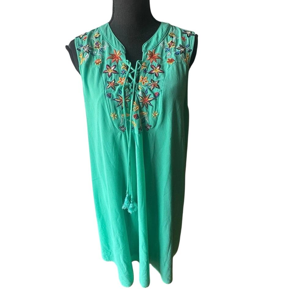 My Michelle Teal Floral Dress 1X Tie Neck Flowy Feminine Chic Style